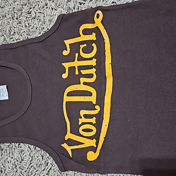 New Von Dutch Tank Brown Yellow Script Ribbed Stretch - Picture 4 of 6